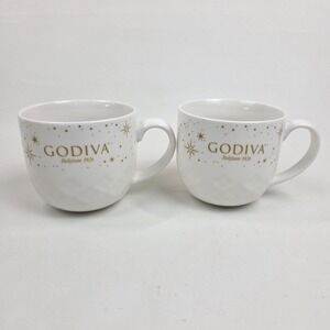 Two Godiva Belgium 1926 Coffee Cup Mug Large White w/ Gold Letters Pair